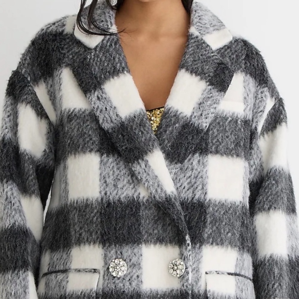 J. Crew Collection Oversized Topcoat Gray Plaid Jewel Gem Buttons M - Picture 2 of 16